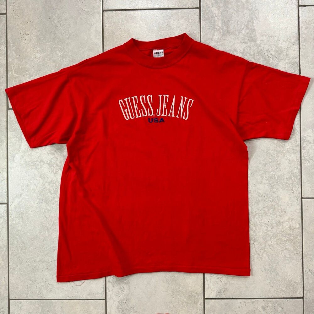 Vintage 80s Guess Spellout T-Shirt Size L Original Red Made In USA